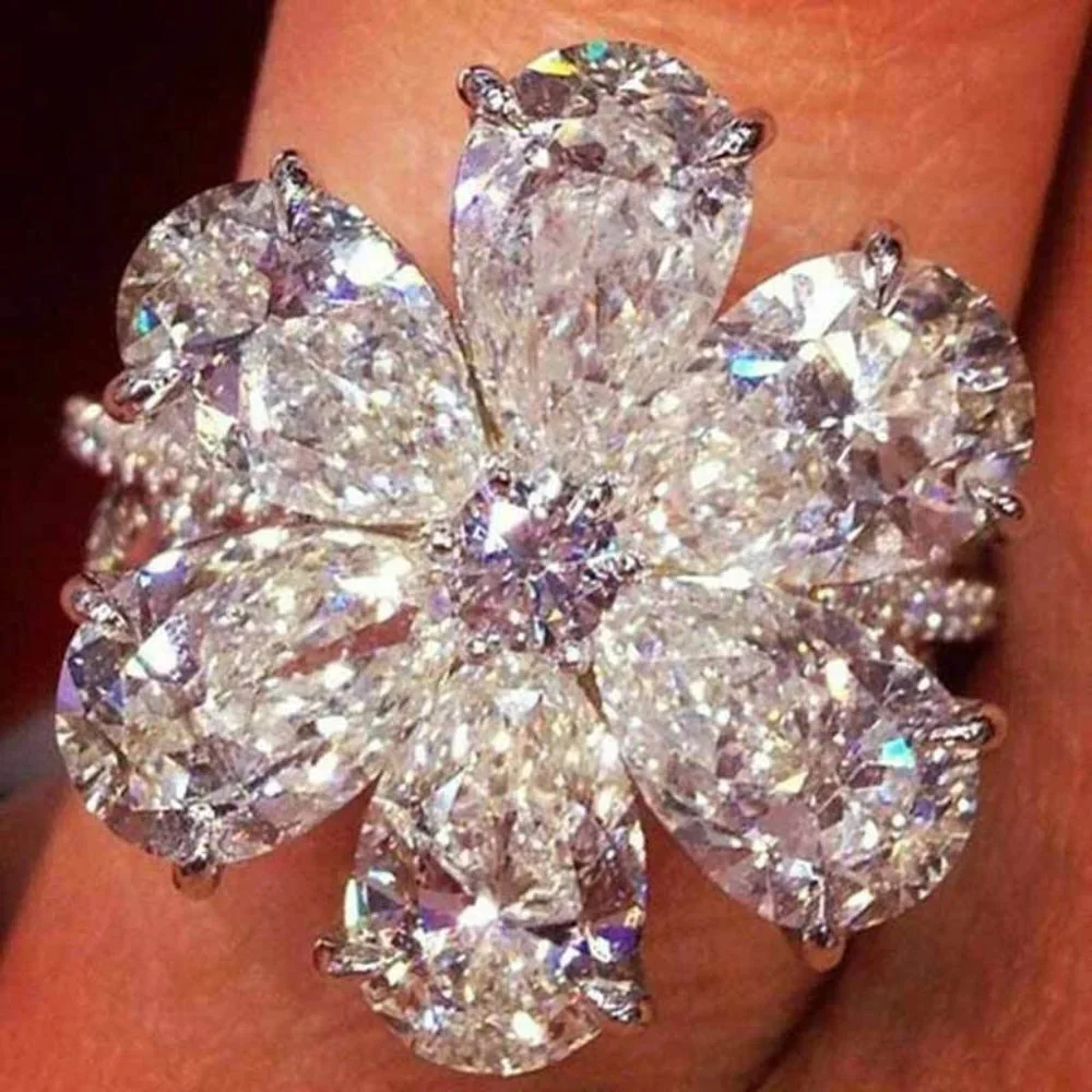 ❤️925 Silver Plated White CZ Pear-shaped Flower Ring, GPMB1446
